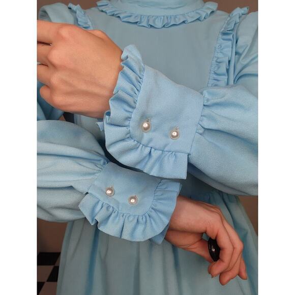 Vtg 60s 70s Handmade Blue Ruffle Prairie Cottage Empire Waist Dress Sz X-Small - Picture 7 of 10